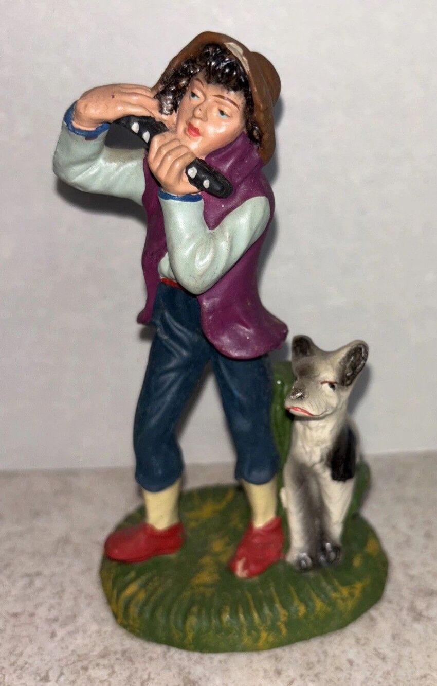 Vintage Christmas Nativity Paper Mache 4.75" Shepherd Boy Playing Flute w/Dog